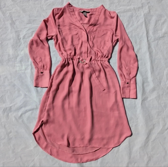 H&M Pink  with Gold V Neck Long Sleeve Dress, belt front - Size XXS Barbie - Picture 2 of 11